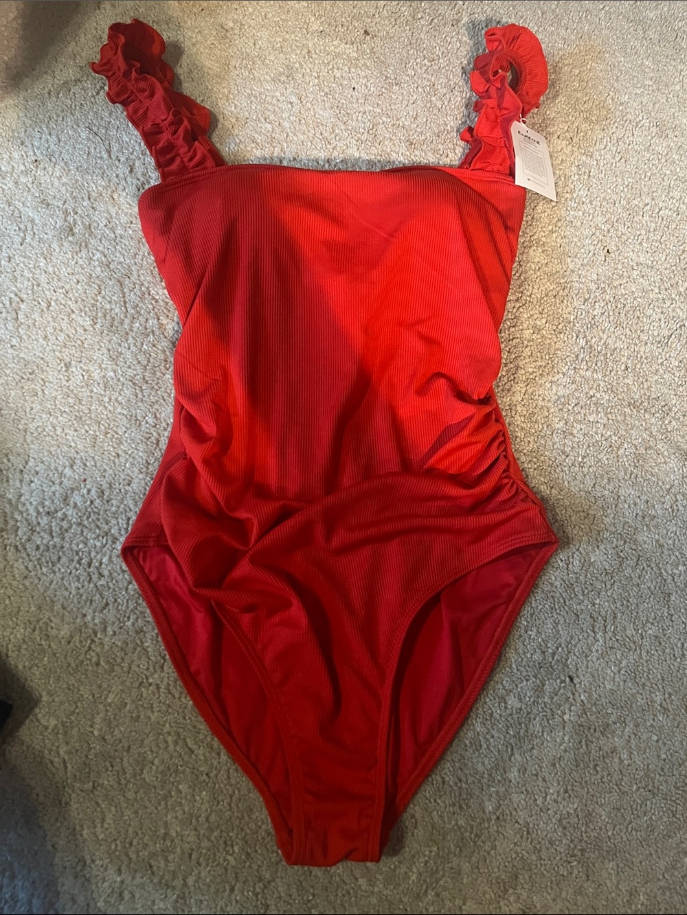 Ruffle-Strap Red One-Piece Swimsuit with Subtle Side Ruching